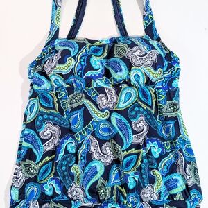 Lands' End Women's Swim Tankini Top, Size 12, SPF 50, Blue White Paisley